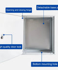Weatherproof Outdoor Electrical Box Enclosure With Recessed In Wall Outlet And Cable Management Lockable Hidden Wiring Cabinet For Home And Commercial Use Durable Galvanized Steel Junction Box 60x15x80 cm, open door and mounting plate