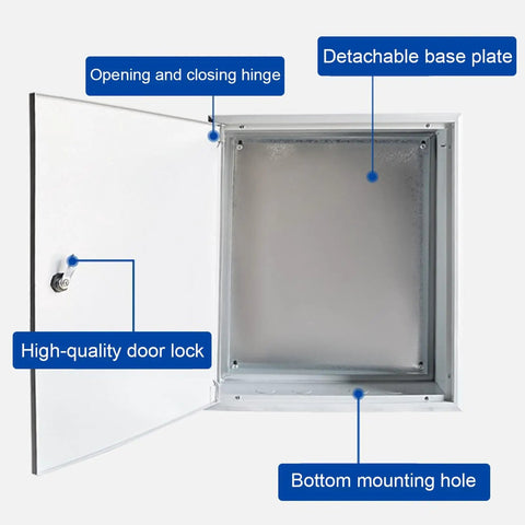 Weatherproof Outdoor Electrical Box Enclosure With Recessed In Wall Outlet And Cable Management Lockable Hidden Wiring Cabinet For Home And Commercial Use Durable Galvanized Steel Junction Box 60x15x80 cm, open door and mounting plate