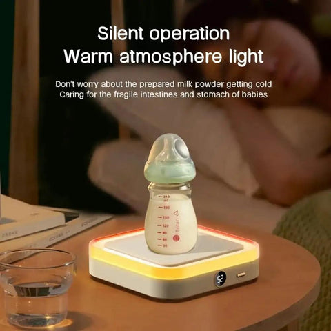 Skip The Stale Cup Stress Hooking Up This Usb Coffee Mug Warmer For Three Speed Temp Control And A Super Chill Night Light on bedside with milk bottle.
