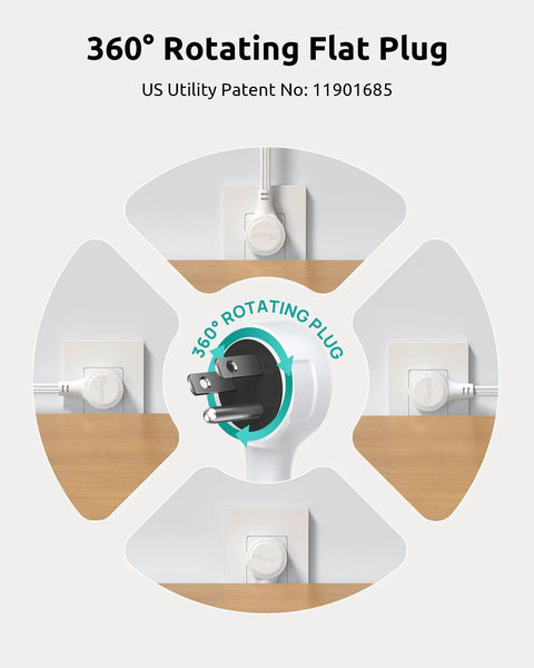 NUTICT 360 Rotating Flat Power Strip With Three AC Outlets And Four USB Ports showing 360° rotating plug design for easy access.