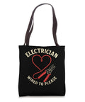 Badass Electrician Wired To Please Wire Stripper Heart Tote Bag black canvas with padded handles for electricians and utility crews.