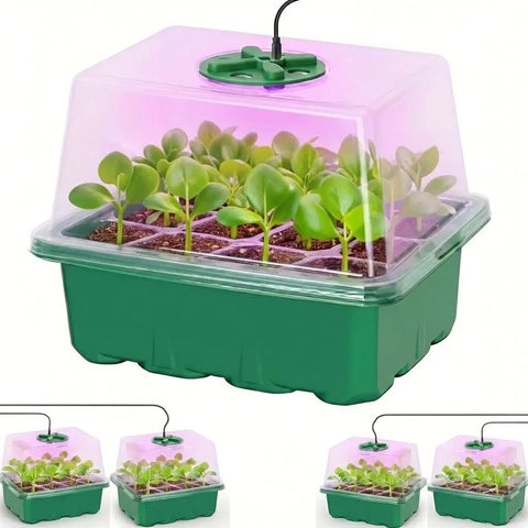 All In One Seed Starter Kit With Grow Light, Easy Setup And Elevated Seedling Tray, Adjustable Humidity Dome And Clear Cell Trays, 6 Pack Green