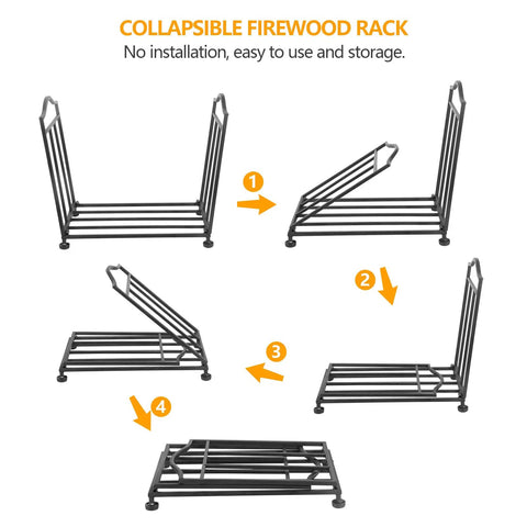 Foldable Firewood Rack For Indoor And Outdoor Use, Rust-Resistant, Weatherproof, Snap-open setup and folding steps shown