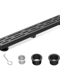 Black Linear Shower Drain 24 Inch Rectangular Floor Drain With Brick Pattern Cover For Modern Bathrooms Dope Stainless Steel Channel Drain 2 Inch Outlet Easy Maintenance, shown with components.