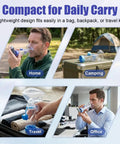 Adult Inhaler Spacer With Soft Silicone Mask for Easy Breathing At Home, Camping, Travel, or Office Use shown in four scenarios