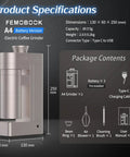 Heavy Duty Premium Electric Burr Coffee Grinder With Rock Solid 48mm Calibration For Epic Espresso Pulls And Fresh Morning Brews In Classic Champagne Gold Finish specifications with dimensions and package contents.