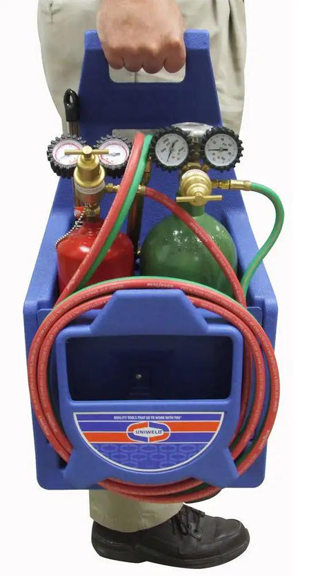 KC100P Centurion Weld And Brazing Outfit With 511 Plastic Carrying Stand For Pro Grade Portable Oxyacetylene Welding And Brazing Two Tips For Brazing Up To One Inch Copper Tubing And Welding Up To One Eighth Inch Steel, Single Stage Regulators. Portable oxyacetylene welding outfit in blue plastic stand with gauges and hoses