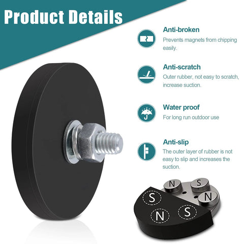 4-pack rubber-coated bolt-on magnets with M6 threaded studs and nuts; black circular magnetic bases.