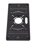 Top Grade Aluminum Router Table Insert Plate With Four Butter Smooth Trim Rings And Dual Inch Metric Scale For Zero Fuss Woodworking Diy And Garage Carpentry Builds, angled view showing scale and mounting holes.