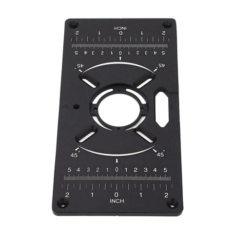 Top Grade Aluminum Router Table Insert Plate With Four Butter Smooth Trim Rings And Dual Inch Metric Scale For Zero Fuss Woodworking Diy And Garage Carpentry Builds, angled view showing scale and mounting holes.