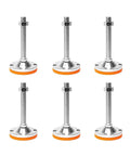 Set Of 6 Heavy Duty Adjustable Leveling Feet Built To Shut Down Floor Wobble On Furniture And Workbenches Rock Solid Non Slip Carbon Steel Screw Bases Keep Everything Locked Tight, visible in sleek silver and orange design.
