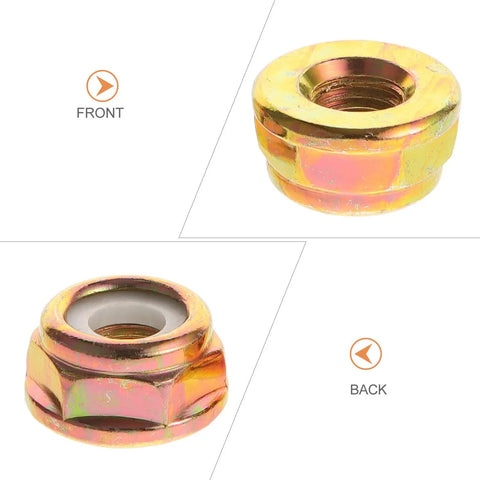 Top Quality 10Pc Reverse Thread Spindle Lock Nuts For Lawn Mower Golden Metal with front and back views.
