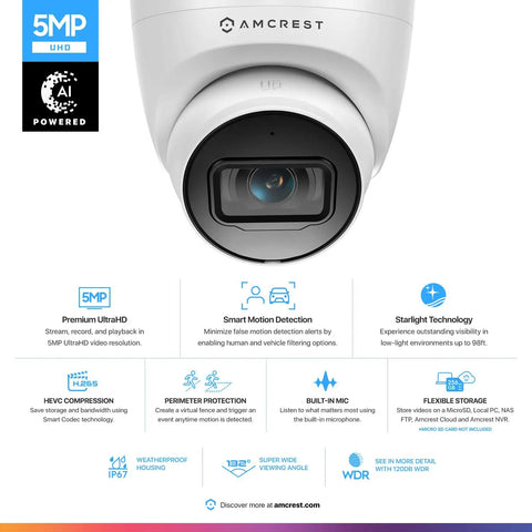 Refurbished 5MP Turret PoE Outdoor IP Camera With Mic Audio 132 Degrees FOV IP67 Weatherproof MicroSD Card Slot Up To 256GB White Body High Quality Surveillance Cam For Home Or Small Biz