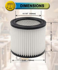 Close-up of single filter from Three Pack 90398 Replacement Filter Cartridges For Most 1 To 5 Gallon Wet Dry Shop Vacs, dimensions shown