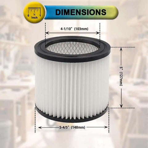 Close-up of single filter from Three Pack 90398 Replacement Filter Cartridges For Most 1 To 5 Gallon Wet Dry Shop Vacs, dimensions shown