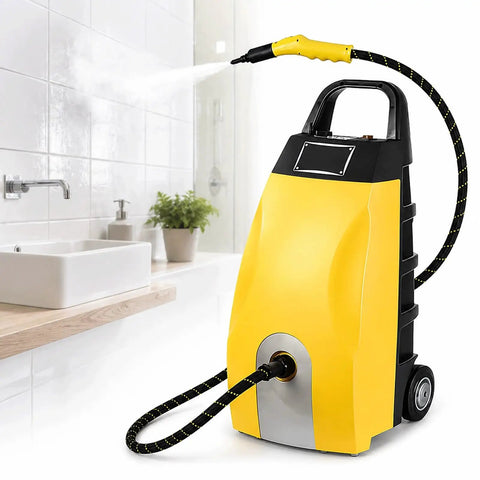 Industrial Steam Cleaner Featuring Adjustable Two Thirty Degree Heat And Seven Heavy Duty Tools That Knock Out Tough Kitchen Grease Auto Grime And Stubborn Household Marks Like Hot Butter, shown in a bathroom setting.