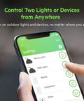 Using smartphone app to control WiFi Smart Outdoor Plug With Two Weather Resistant Outlets from anywhere, shown on screen.