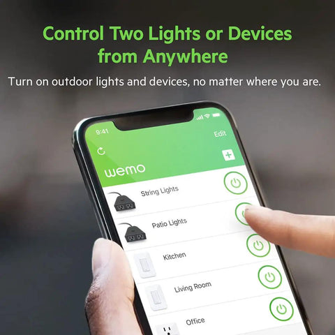 Using smartphone app to control WiFi Smart Outdoor Plug With Two Weather Resistant Outlets from anywhere, shown on screen.