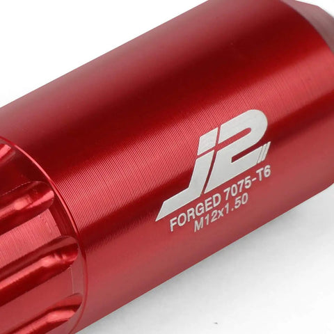 Close-up of 16 Piece 7075 Aluminum Open End Lug Nuts M12 X 1.5 With 4 Lock Nuts And Key Red Conical Seat Heavy Duty Anodized Finish