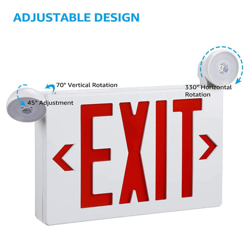 LED Exit Sign With Battery Backup And Emergency Lights, Dual Face, Red Letter, Two Adjustable LED Heads, UL Listed, White Finish