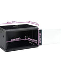 Slick 6U Wall Mount Server Rack Cabinet With Lockable Steel Door And Removable Panels in black showing dimensions and interior space.