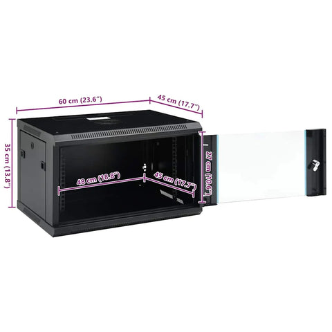 Slick 6U Wall Mount Server Rack Cabinet With Lockable Steel Door And Removable Panels in black showing dimensions and interior space.