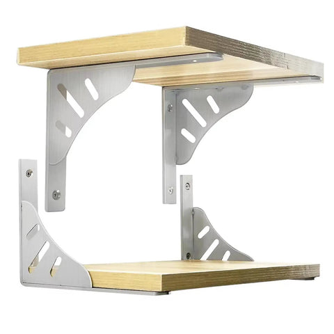 2 Pack Heavy Duty Floating Shelf Brackets Stainless Steel Wall Mount Corner Supports With Screws Rugged Triangle Design showing mounted shelves.