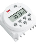 Dope Programmable Timer Switch For 12V DC And 120V AC, 16 Amp, 28 On And 28 Off Per Day, 1 Minute To 168 Hour Range, 15 Daily And Weekly Schedules, Perfect For Lights, Pumps, Home Automation, And Garage Projects. White digital timer switch with LCD display and buttons
