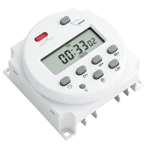 Dope Programmable Timer Switch For 12V DC And 120V AC, 16 Amp, 28 On And 28 Off Per Day, 1 Minute To 168 Hour Range, 15 Daily And Weekly Schedules, Perfect For Lights, Pumps, Home Automation, And Garage Projects. White digital timer switch with LCD display and buttons