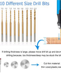 Close-up of 10 drill bits in various sizes and a blue 3 Speed Cordless Mini Drill Pen Kit With 10 Drill Bits Rechargeable Electric Hand Drill Pin Vise.