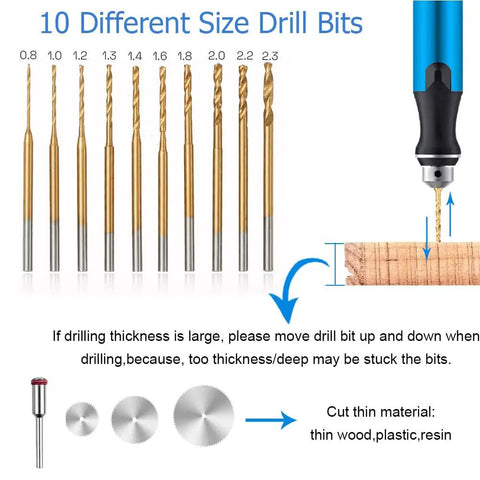 Close-up of 10 drill bits in various sizes and a blue 3 Speed Cordless Mini Drill Pen Kit With 10 Drill Bits Rechargeable Electric Hand Drill Pin Vise.