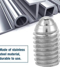 20 Pack Heavy-Duty M8 Spring Ball Plungers, Slick Stainless Steel Hex Socket Inserts, close-up of stainless steel ball plunger with metal bars.