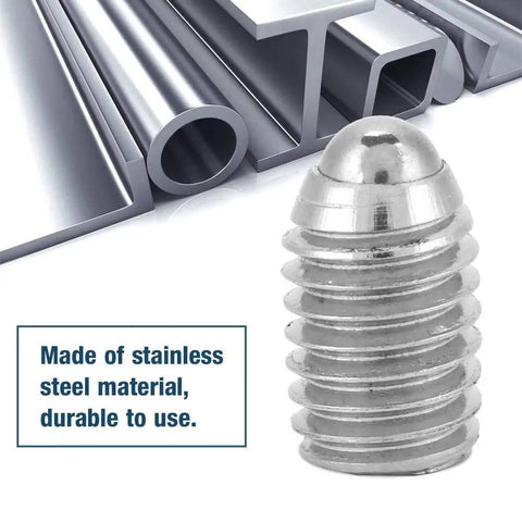 20 Pack Heavy-Duty M8 Spring Ball Plungers, Slick Stainless Steel Hex Socket Inserts, close-up of stainless steel ball plunger with metal bars.