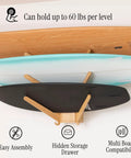 The Sun Rack Premium Bamboo Wall Mount For Surfboards Snowboards Skis And Wakeboards Holds Four Boards With Built In Drawer And Hooks For Garage And Home Storage Dope Space Saving Display And Organization; displaying surfboards horizontally with bamboo supports.