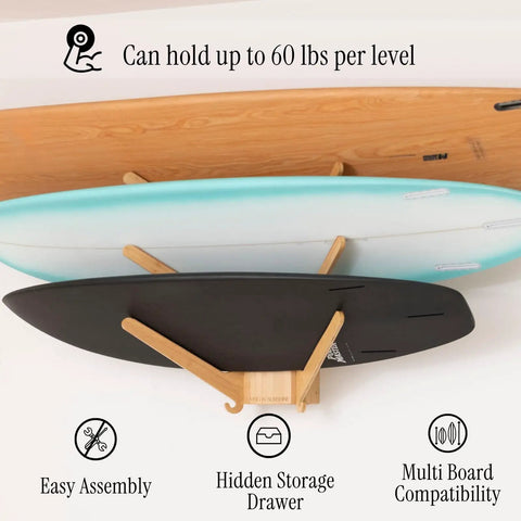 The Sun Rack Premium Bamboo Wall Mount For Surfboards Snowboards Skis And Wakeboards Holds Four Boards With Built In Drawer And Hooks For Garage And Home Storage Dope Space Saving Display And Organization; displaying surfboards horizontally with bamboo supports.