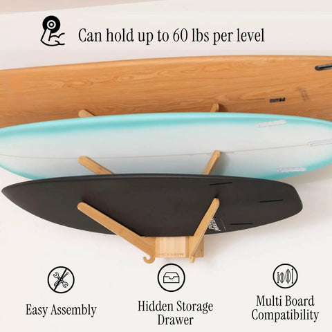 Premium Bamboo Surfboard Wall Rack Stashes Three Boards For Gnarly Garage Gear Stash With Built In Tray and Secure Heavy Duty Hooks For Wake And Ski Display, showing three boards held.
