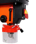 Get This Awesome 8 Inch Benchtop Drill Press With Laser Guide And Vise For Precision Drilling close-up of drill press parts including motor and depth scale.