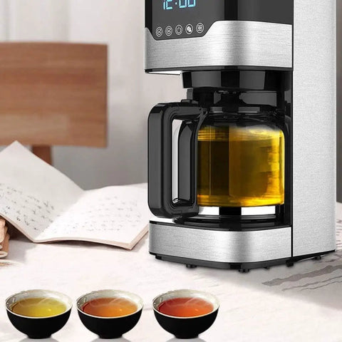 Modern four cup coffee maker with timer, pause and pour, anti-drip brew, stainless steel carafe on a kitchen counter.