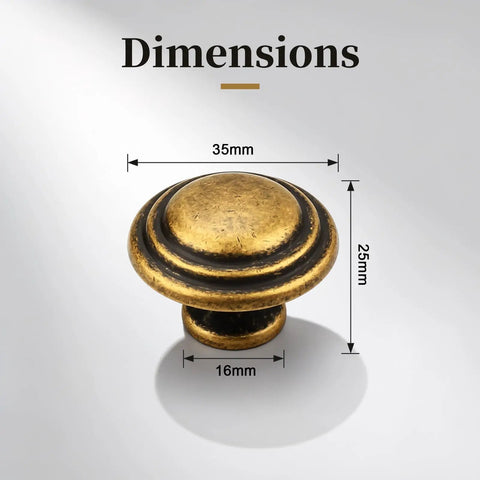 Close-up of 10 Pack Antique Brass Round Top Ring Cabinet Knob, 35mm diameter, with labeled dimensions, zinc alloy material.
