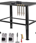 Heavy Duty Adjustable Welding Table With Steel Reinforced Frame, 600 Pound Capacity, 36 By 24 Inch Worktop, showcasing tools and accessories.