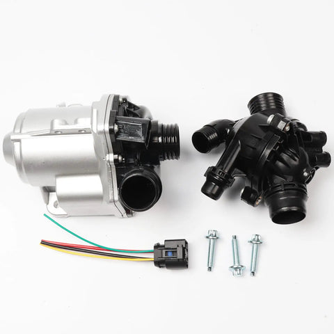 Heavy Duty Electric Water Pump And Thermostat A Hella Smooth Cooling Upgrade That Cuts Coolant Drips Fast Fits Oe 11517632426 11517563659 11517588885, aluminum and plastic components, assembly view with wiring.