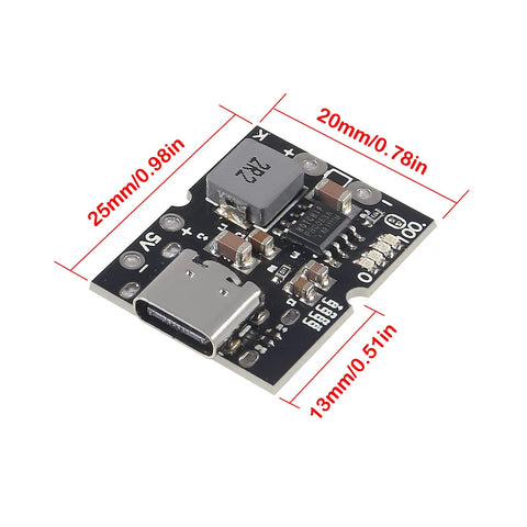 Close-up of 10 Pack Type C USB 5V 2A Boost Converter Step Up Power Module with LED Display, showing dimensions for DIY projects.