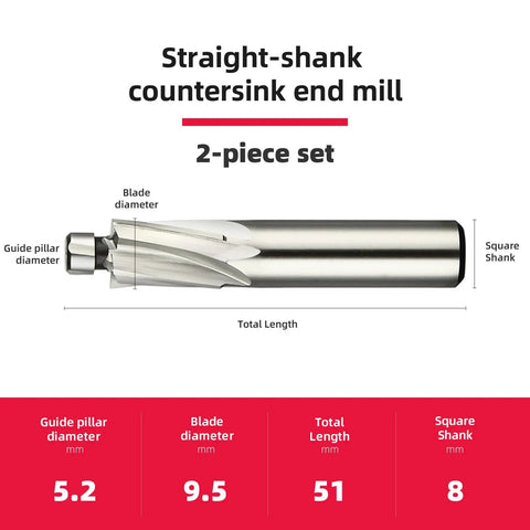 M5 Straight Shank Counterbore End Mill 4 Flute HSS End Milling Tool Set 2 Pieces, 8mm shank, 9.5mm cutting edge, diagram view