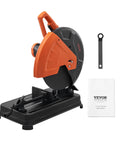 Heavy Duty Workhorse Abrasive Chop Saw With 14 Inch Blade 2300W 3600RPM Metal Cutting Machine 0 To 45 Degree Adjustable Miter For Cutting Steel Rebar Iron Aluminum Black shown with manual and wrench