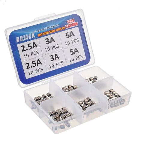 125V Fast Blow Glass Fuse Kit For Electronics Repair, 3.6x10mm, 60-Piece Surface Mount Assortment with storage case open