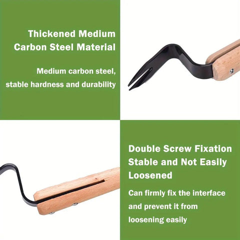 Stainless Steel Hand Weeder Tool With Wood Handle Garden Weed Puller showing metal head and wooden handle close-up