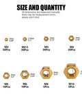 Size and quantity guide for High Strength Brass Hex Nuts Set 160Pcs Metric M2 M2.5 M3 M4 M5 M6 M8 M10 Assortment Kit