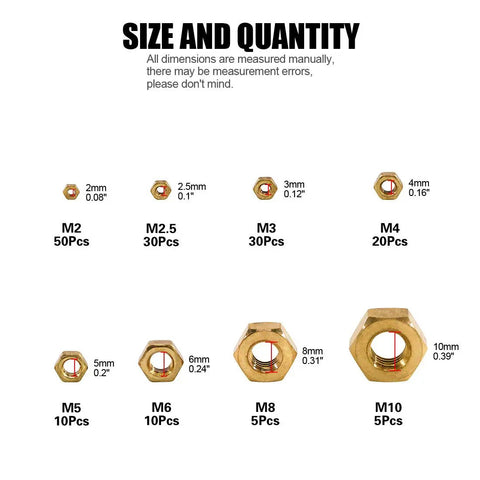 Size and quantity guide for High Strength Brass Hex Nuts Set 160Pcs Metric M2 M2.5 M3 M4 M5 M6 M8 M10 Assortment Kit