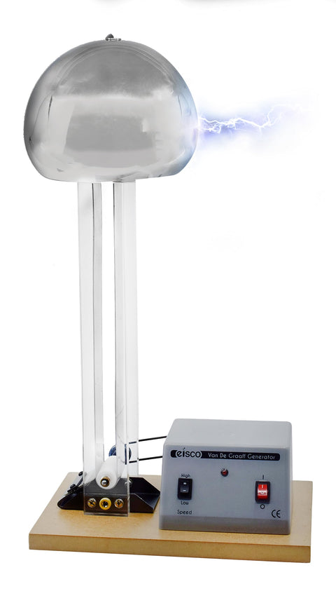 Motor-driven Van De Graaff Generator 22 inches tall with base, DC motor, and discharge wand for classroom energy demos