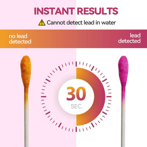 AssuTest lead test kit for dishes with 60 swabs; front view shows orange and pink swabs and a 30-second timer graphic